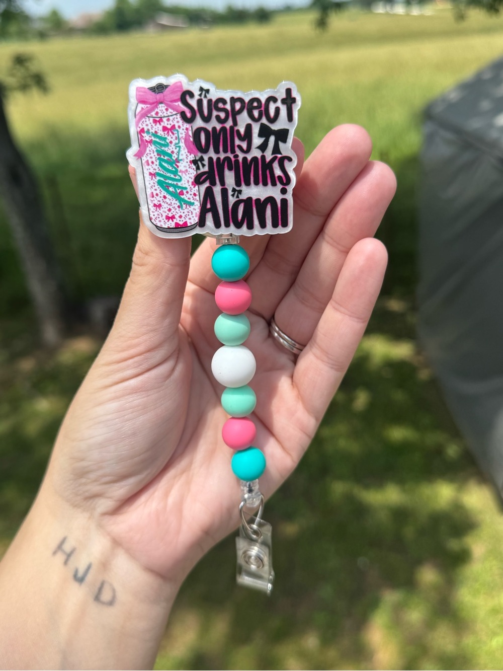 Beaded Badge Reel - Pink, Teal & White Fun Design